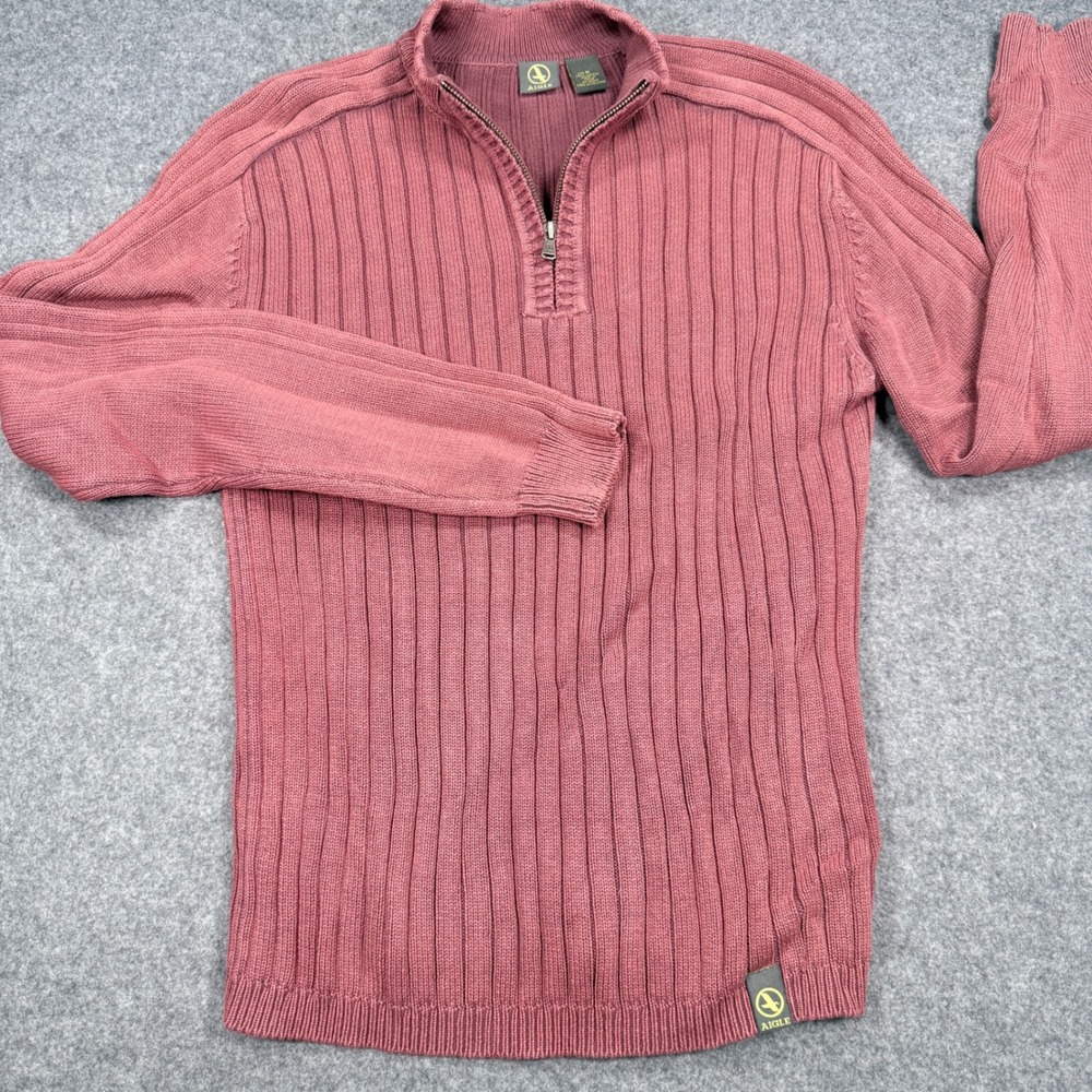 Aigle Mens Quarter Zip Ribbed Cotton Sweater Burgundy Rose Mock Neck Size M